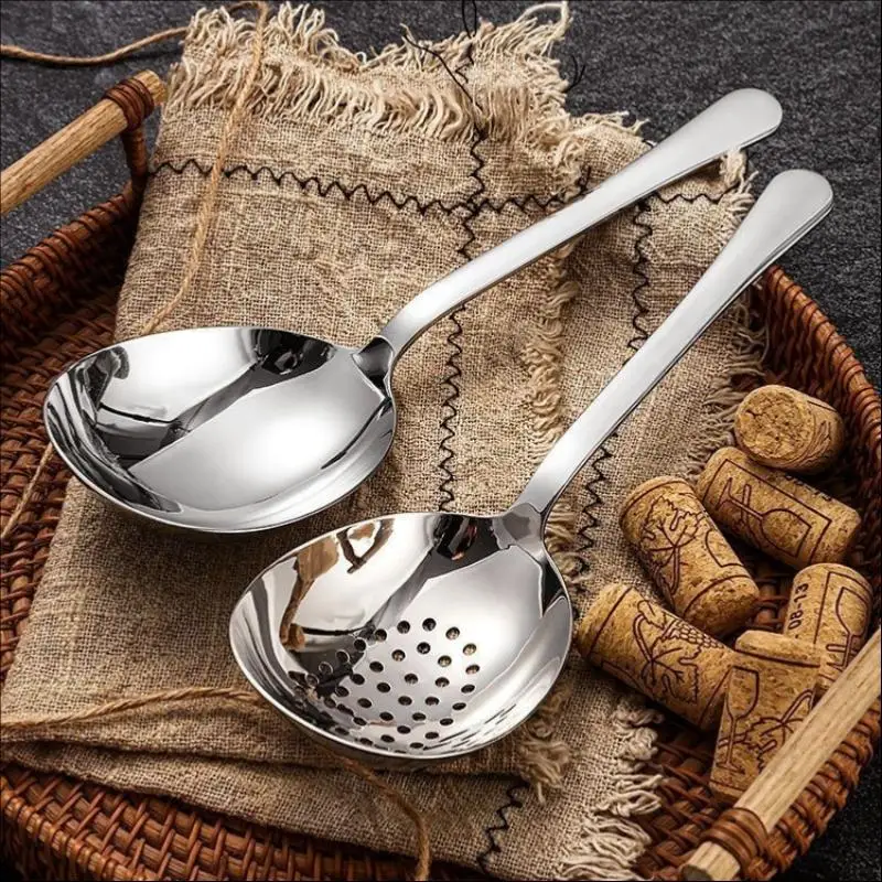 2 Piece Stainless Steel Serving Spoon Restaurant Public Use Filtering Soup Rice Ladle Large Size Silver Tone Kitchen Utensil Set