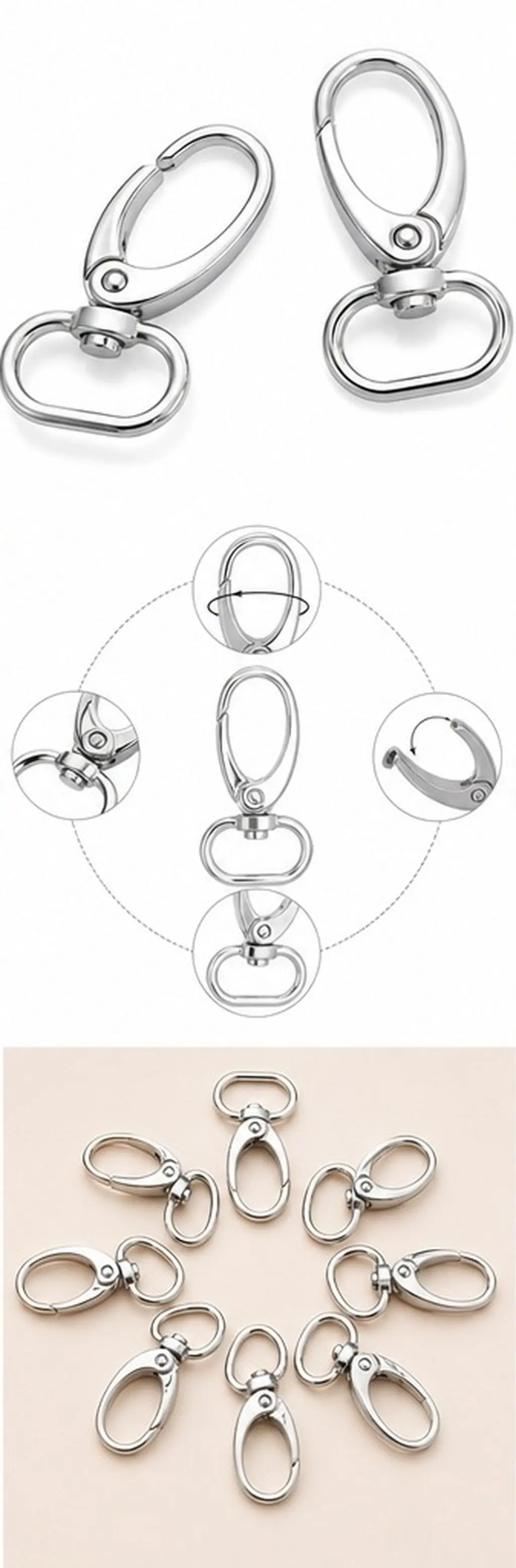 30pcs Swivel Snap Hooks D-Rings Heavy Duty Stainless Steel 360° Rotation for Keychains, Dog Leashes, Hanging Decor