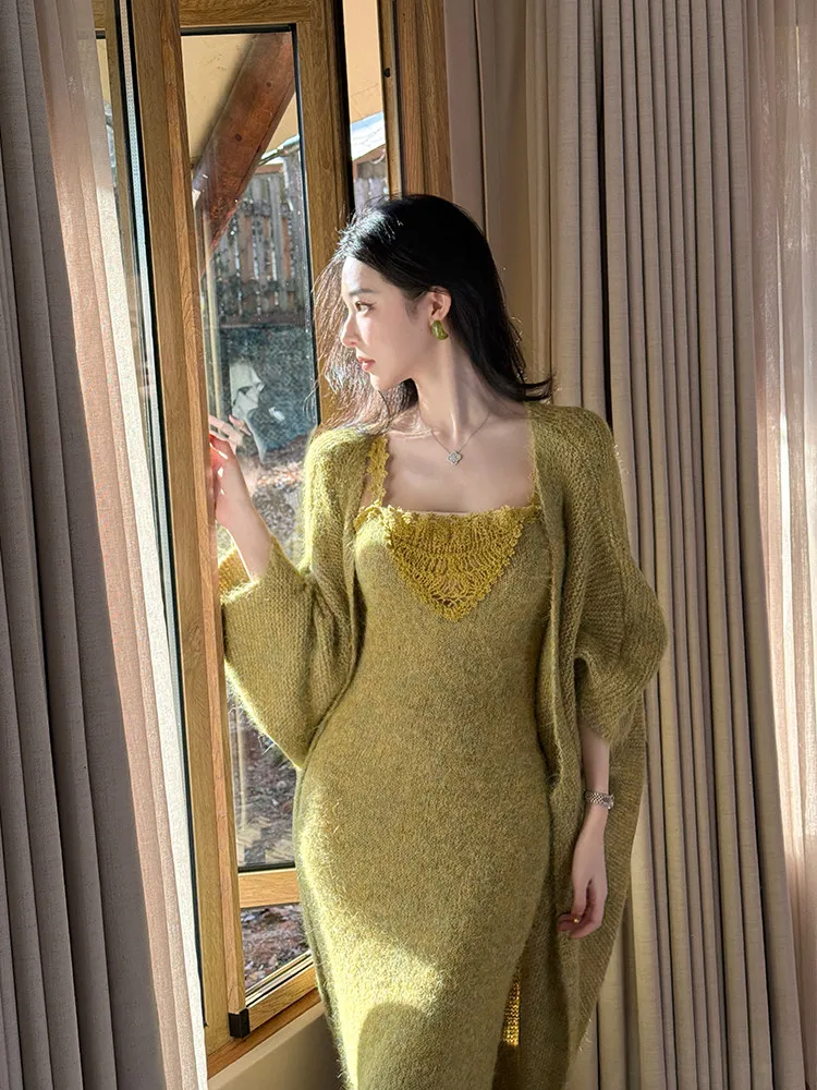 

ALIN Spring Knitted Dr And Sweater Set Women's Loose Sle Long Sve Top Bot Ensemble Faionable Two-Piece Outfit