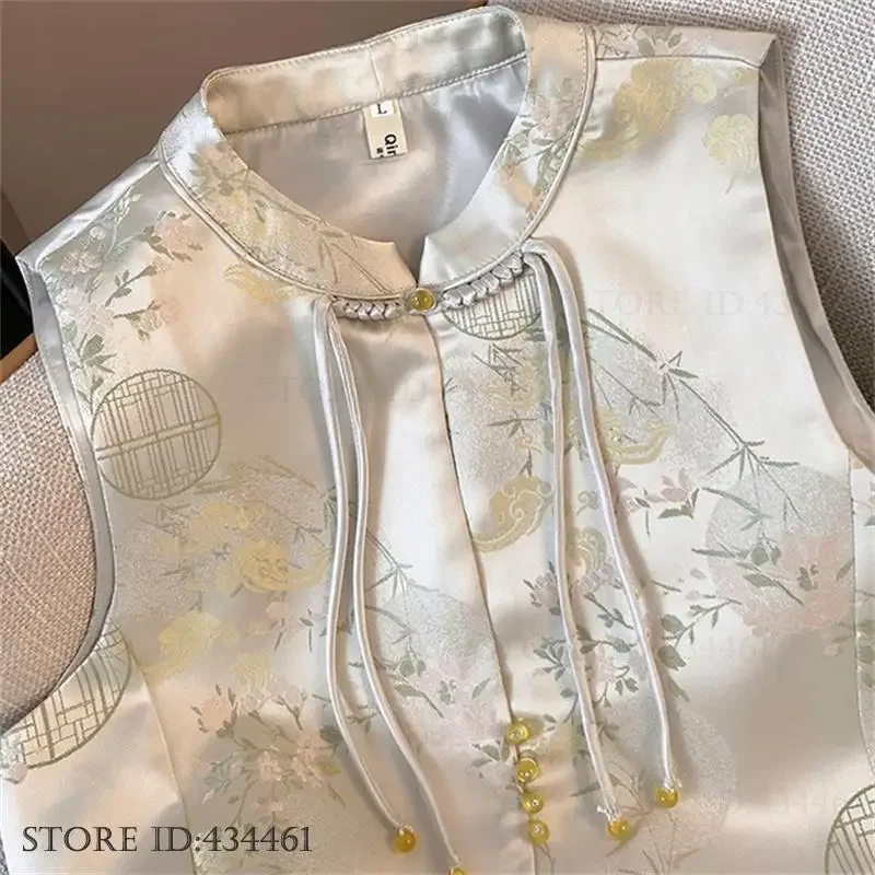 

New Chinese Style Tang Clothes Tops Jacquard Qipao Vest Jacket Spring Summer Sexy Sleeve Coat Blouse Vintage Hanfu Waistcoat