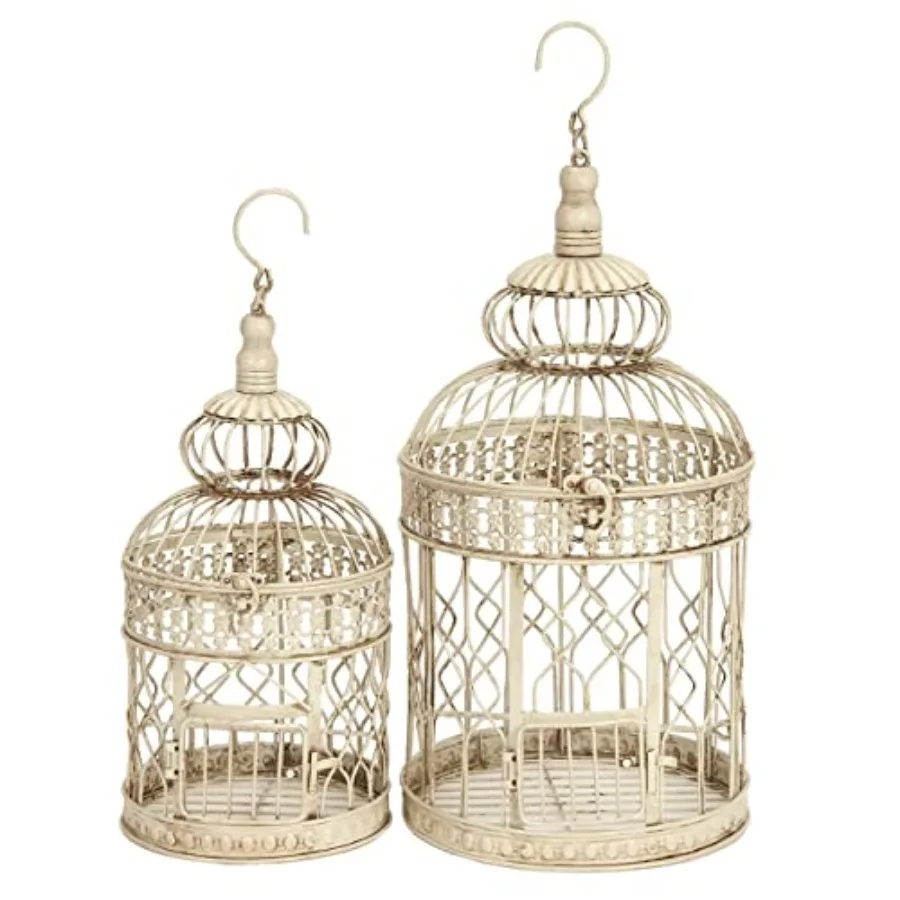 

Metal Round Birdcage with Latch Lock Closure and Hanging Hook, Set of 2 22", 18"H, Cream