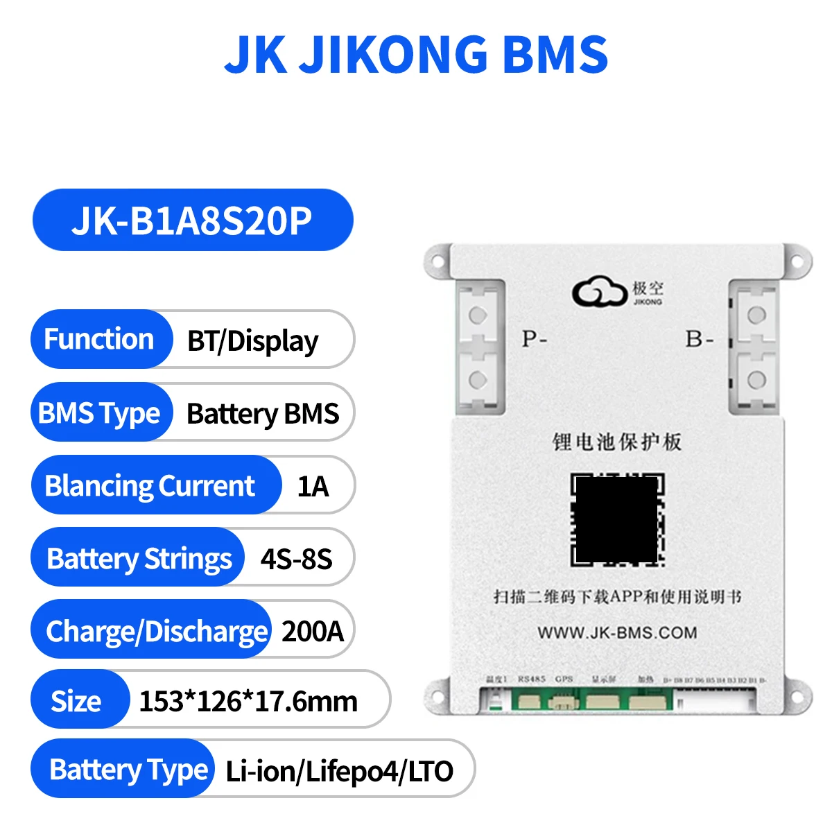 JK JIKONG BMS 4S 5S 6S 7S 8S Smart bms JK-B2A8S20P 200A Lifepo4 Li-Ion Lto Battery Active Balance 2A BT CANBUS Heat RS485