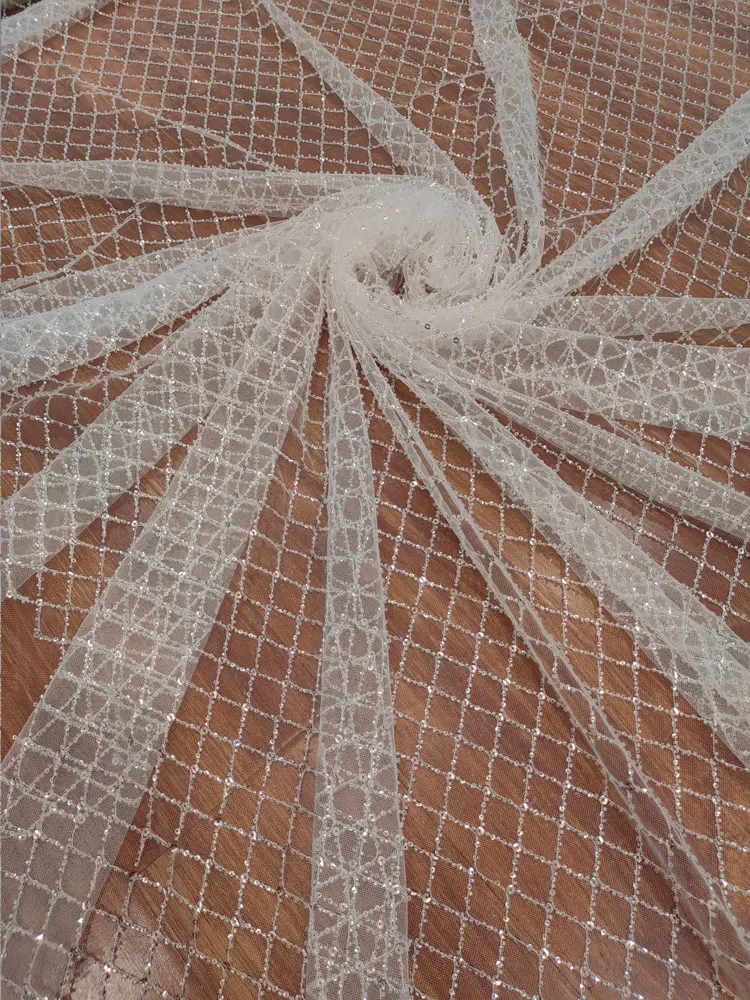 

White Hollow Mesh Lace Fabric with Sequin Embroidery, Suitable for Custom Wedding Dresses Background Decoration Accessories