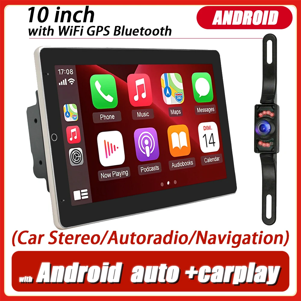 10in Double Din Android Car Stereo Multimedia Player, Wireless Carplay Android Auto, Bluetooth MP5 Radio, USB FM, Mirror Link, SWC, Including Backup Camera