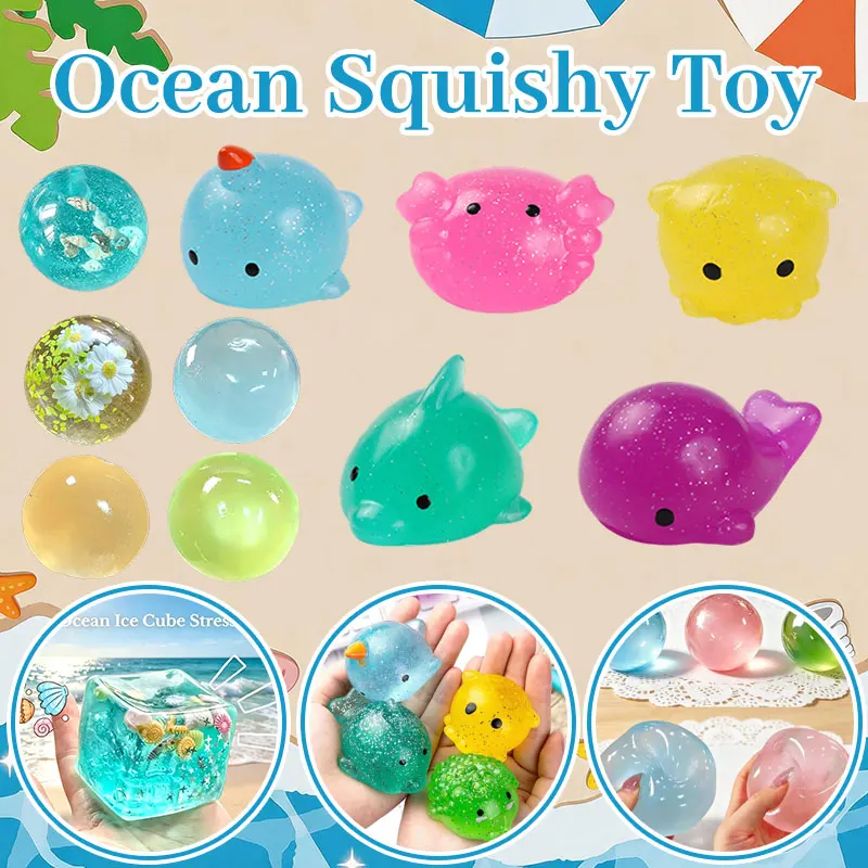 Ocean Cube Squishy Cute Ocean Animals Dolphin Shark Squeeze Ball Soft Slow Rebound Stress Anxiety Relief Fidget Toys Adult Gifts