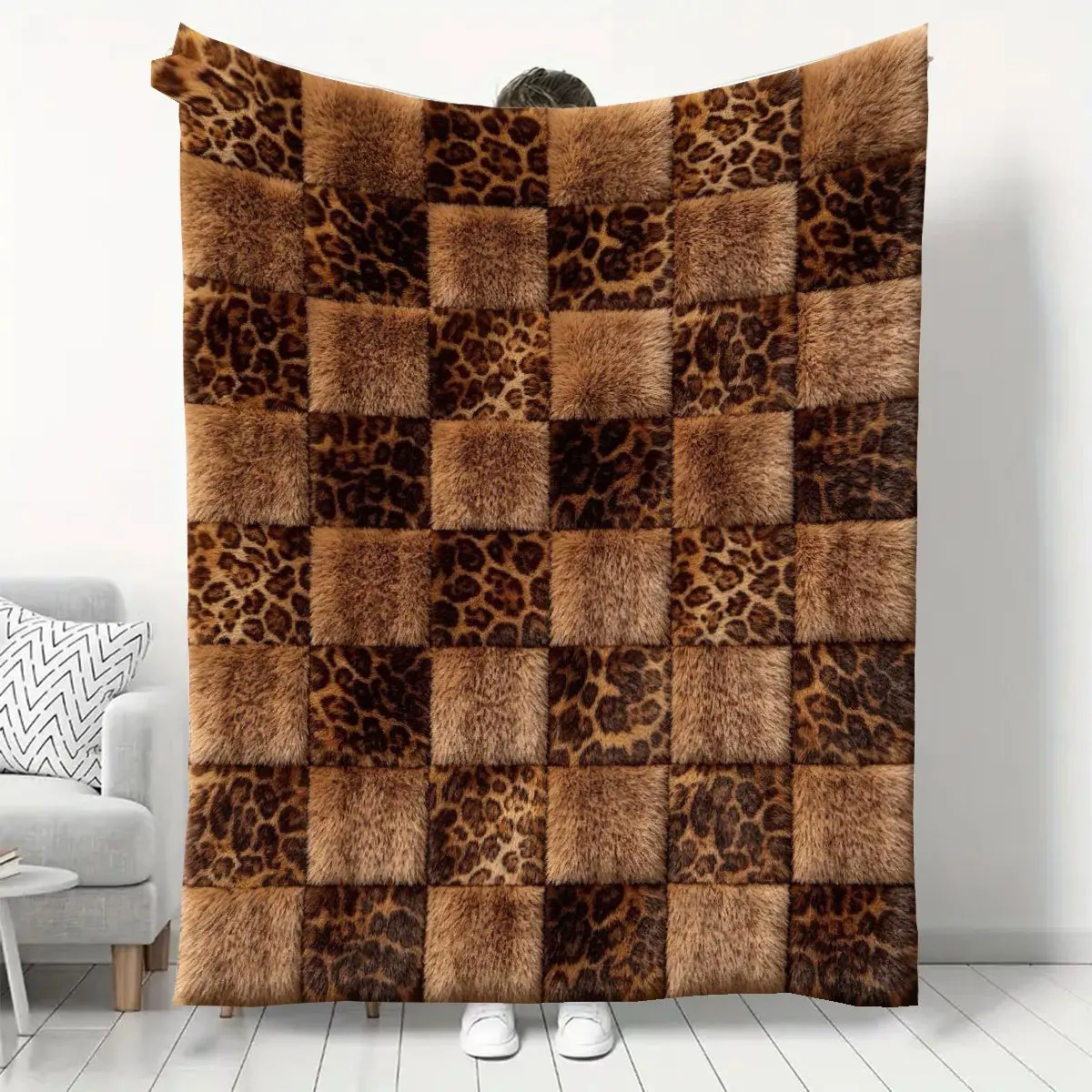 Leopard Fur Square Patchwork Luxe Texture Soft Cozy Throw Blanket for Sofa Bed Glamour Statement