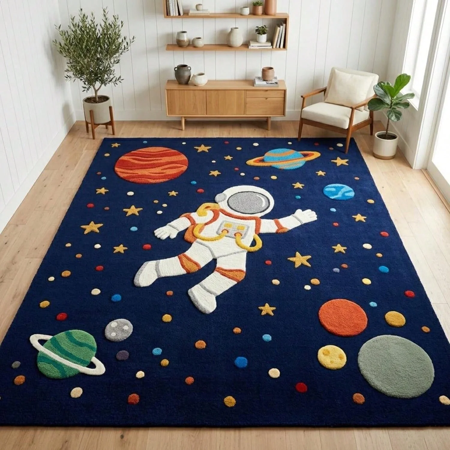 Astronaut Space Rug, Planet-Themed Children's Room Playroom Rug, Wool Space-Themed Bedroom Rug.