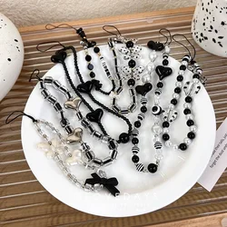 Black Beaded Mobile Phone Charm Ins Stringed Pearls Love Phone Lanyard Short Carrying Strap Drop-Resistant Phone Ornaments