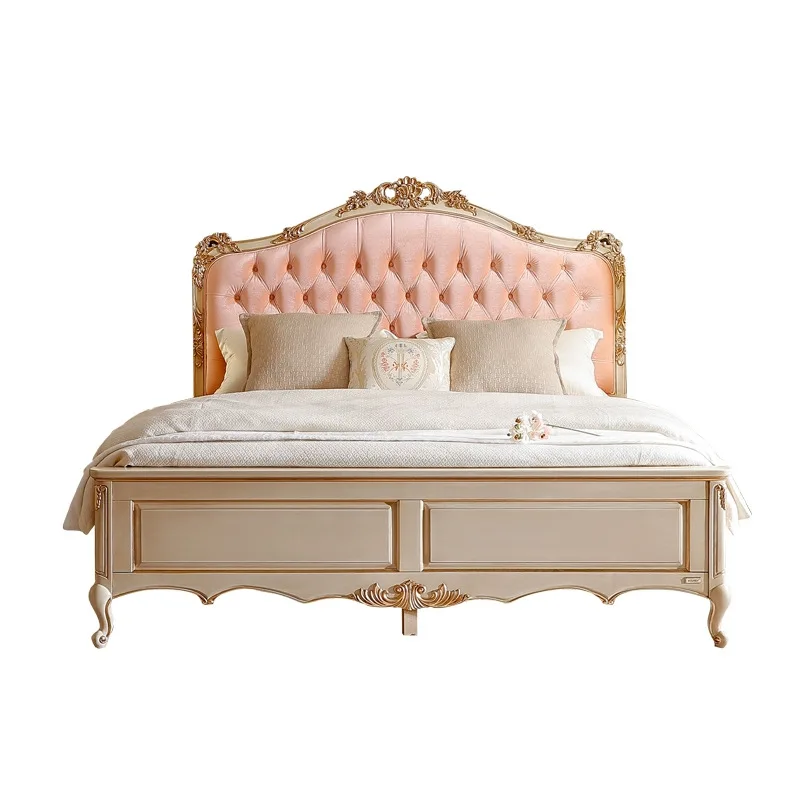 Cama Tapizada en Tela Estilo Palacio Francés, Cama de Madera Maciza Tallada para Recámara Principal de Lujo
