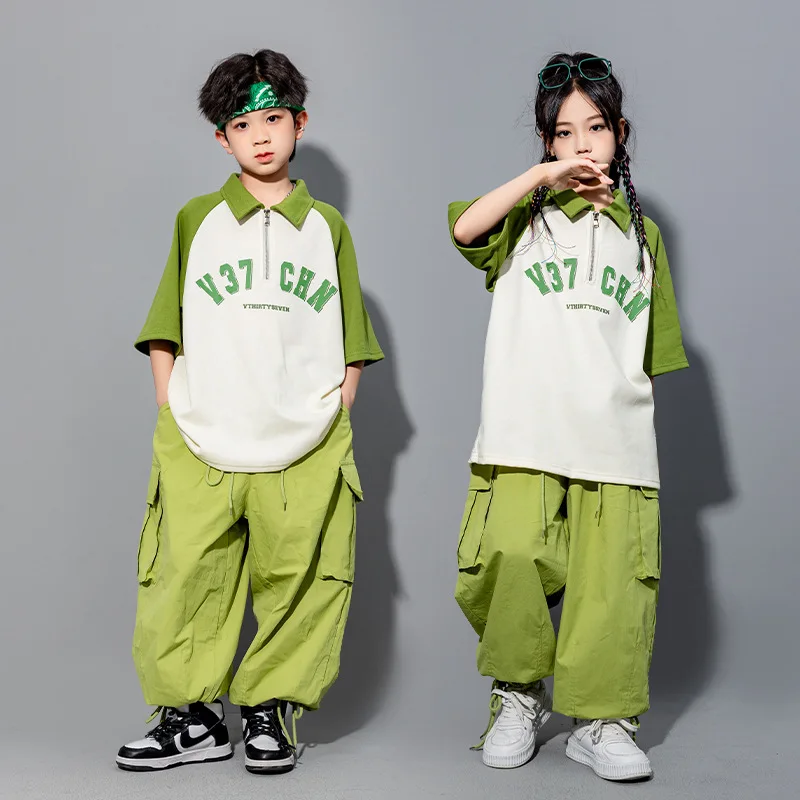Hip Hop Mädchen Kleidung Kinder Jazz Street Dance Kostüm Grün Kragen T-shirt Denim Hosen Cargo Hosen für Jungen Performance Outfit