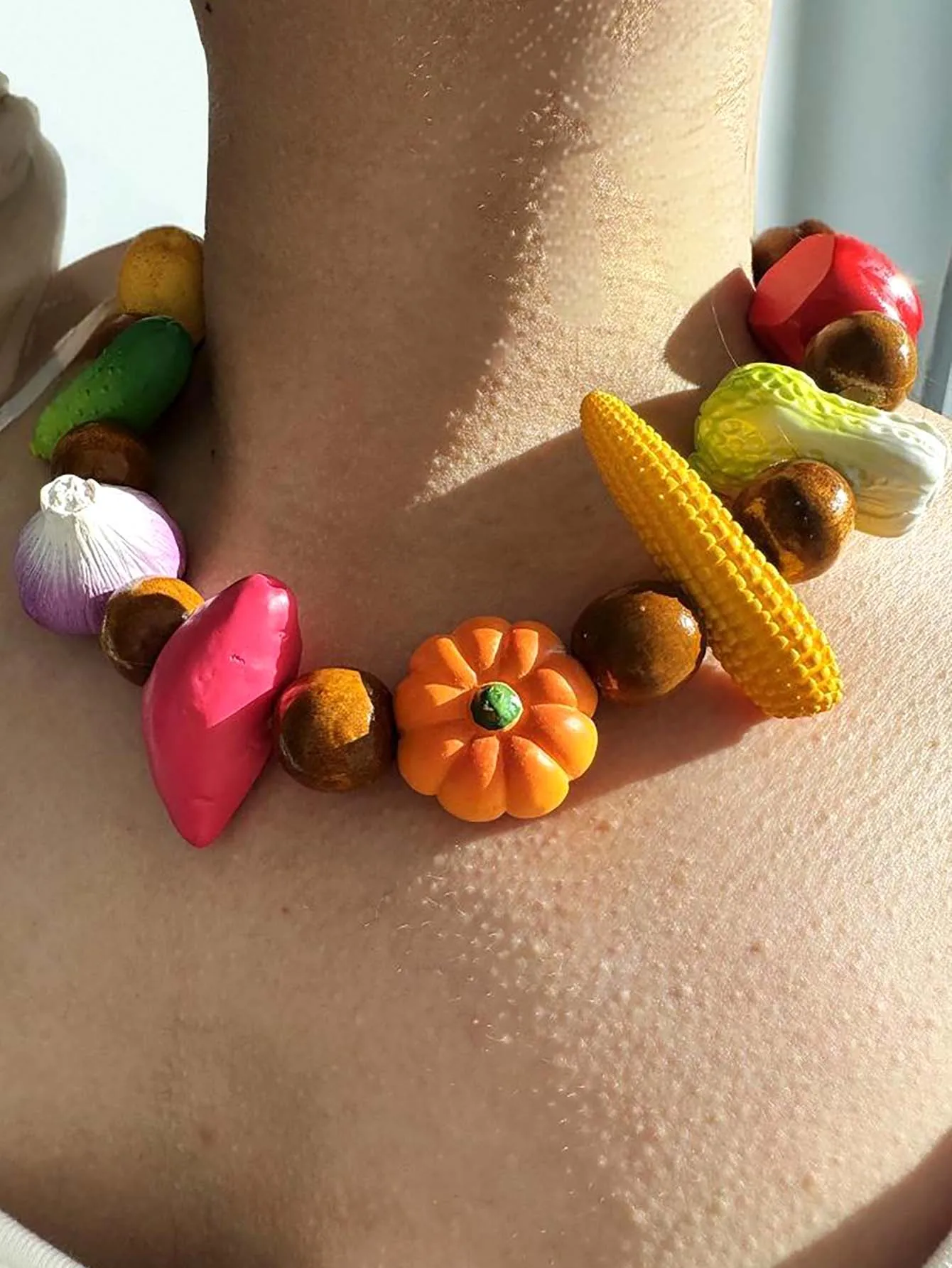 Colorful Beaded Necklace 3D Fruit Vegetable Designs, Corn, Cucumber, Onion, Bell Pepper, Y2K Jewelry For Women, Summer Vacation