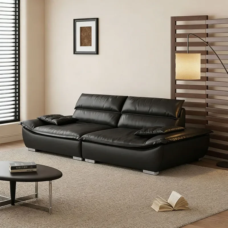 Living room size apartment senior lazy sitting deep straight row leather art sofa