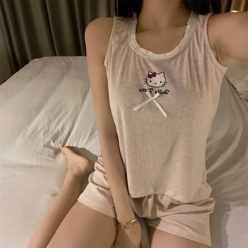 

Сексуальная пижама Sanrio Hello Kitty Y2K Kawaii с мультяшным принтом, летняя одежда для сна, пижама без рукавов с шортами, женская ночная одежда, домашнее платье, новинка