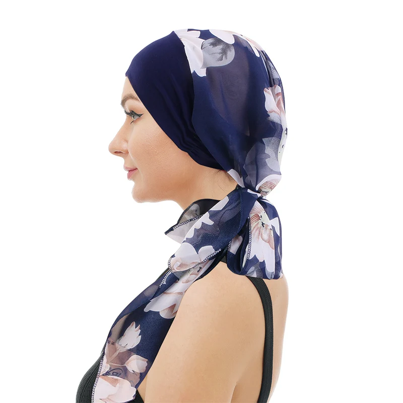 Muslim Women Head Scarf Ladies Pre-tied Turban Headwear Bandana Chemo Cancer Hair Loss Head Wrap Flower Print Chiffon Bonnet