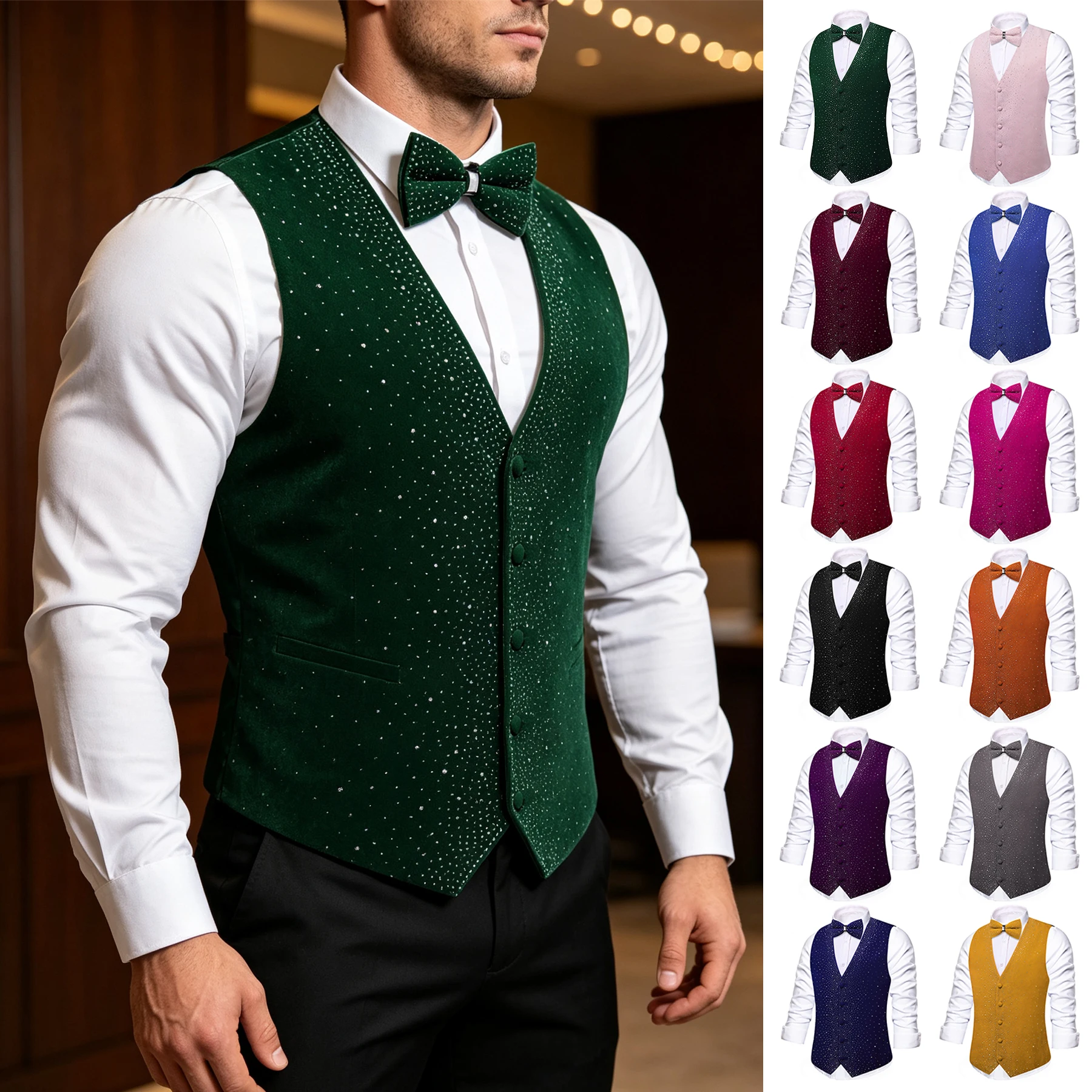 Men's Black Green Red Sequined Sparkling Suit Vest With Bow Tie Two-Piece Set Suitable For Weddings Evening Parties Events