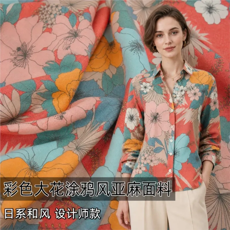 Colorful large floral linen fabric for shirts dresses trousers and coats designer