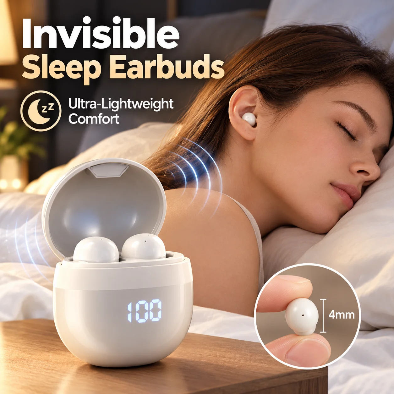Mini Sleep Wireless Earbuds Comfortable Silicone In-Ear Invisible Headphones LED Digital Power Display Noise Reduction Headset