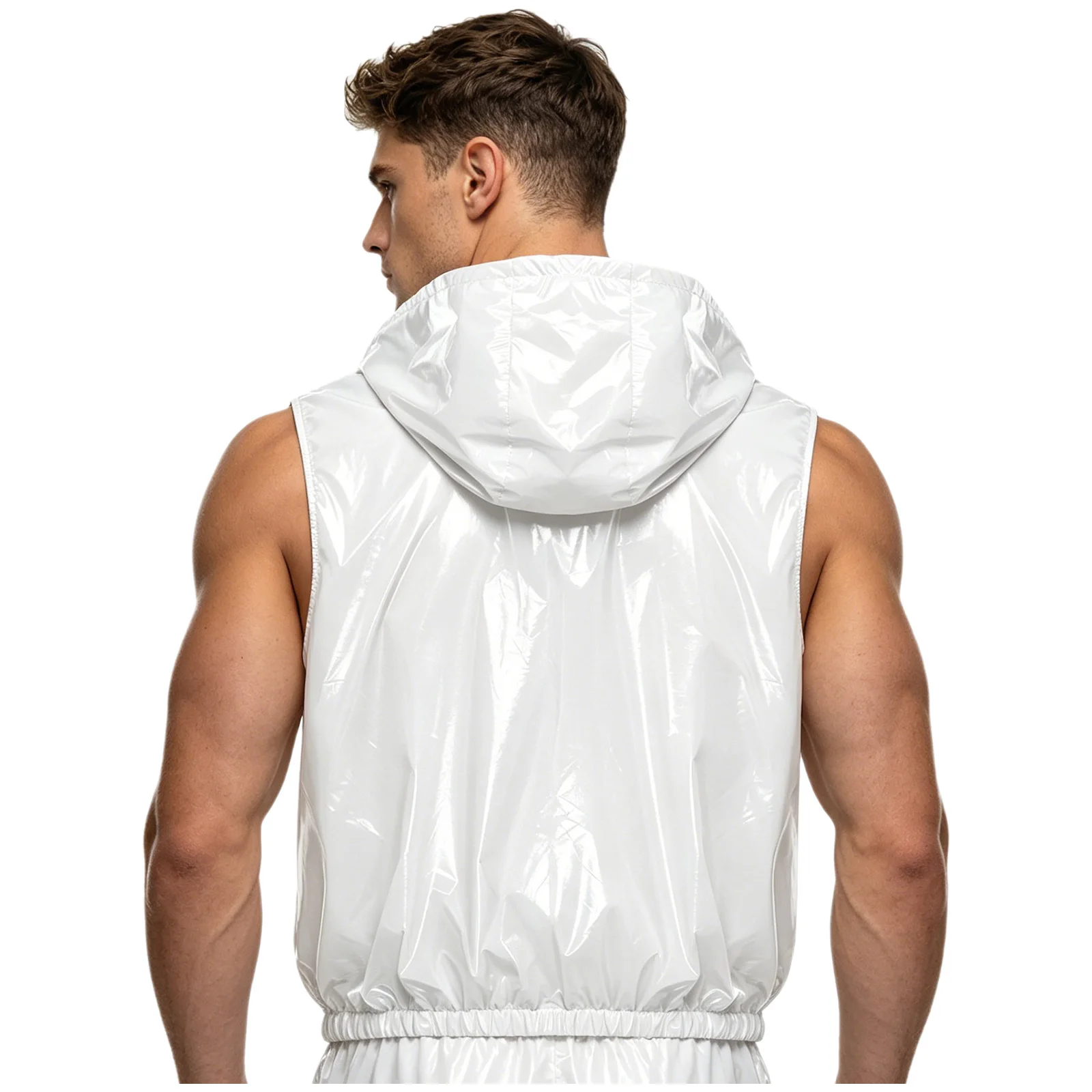 Men's Glossy Waterproof Hooded Vest Sleeveless Detachable Hood Zipper Tank Top with Pockets Cycling Workout Sports Outerwear