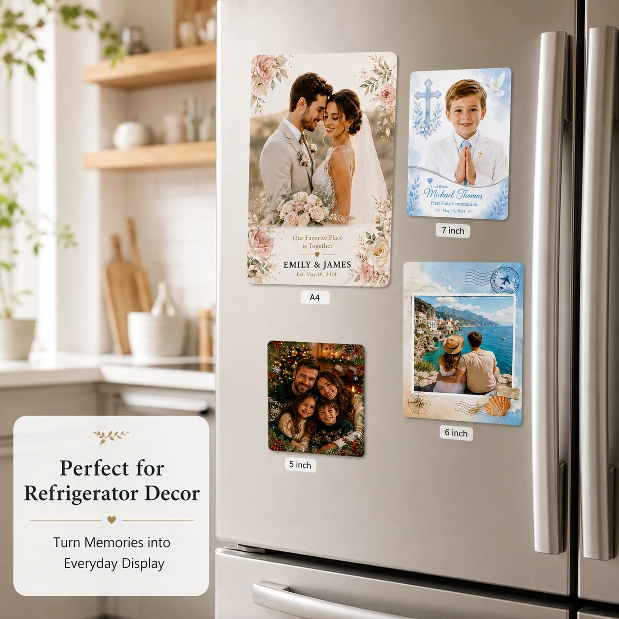 Personalized Custom Photo Paper Magnetic Refrigerator Stickers, Suitable for Daily Decoration, Wedding Decoration, Communion, Baptism, Christmas, and Holidays