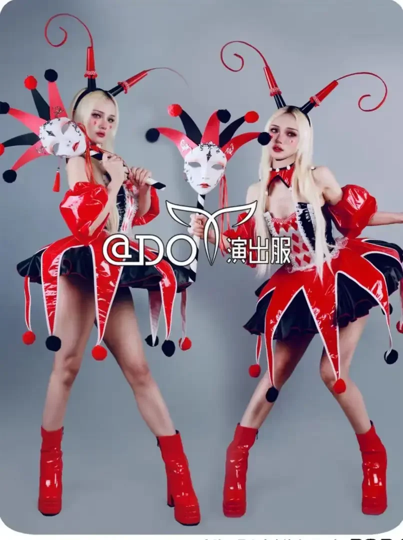 

Тематическая одежда для вечеринок, красная лакированная кожа, сексуальная короткая юбка, маска клоуна, бар, ночной клуб, певица, ведущий танцевальный сценический костюм