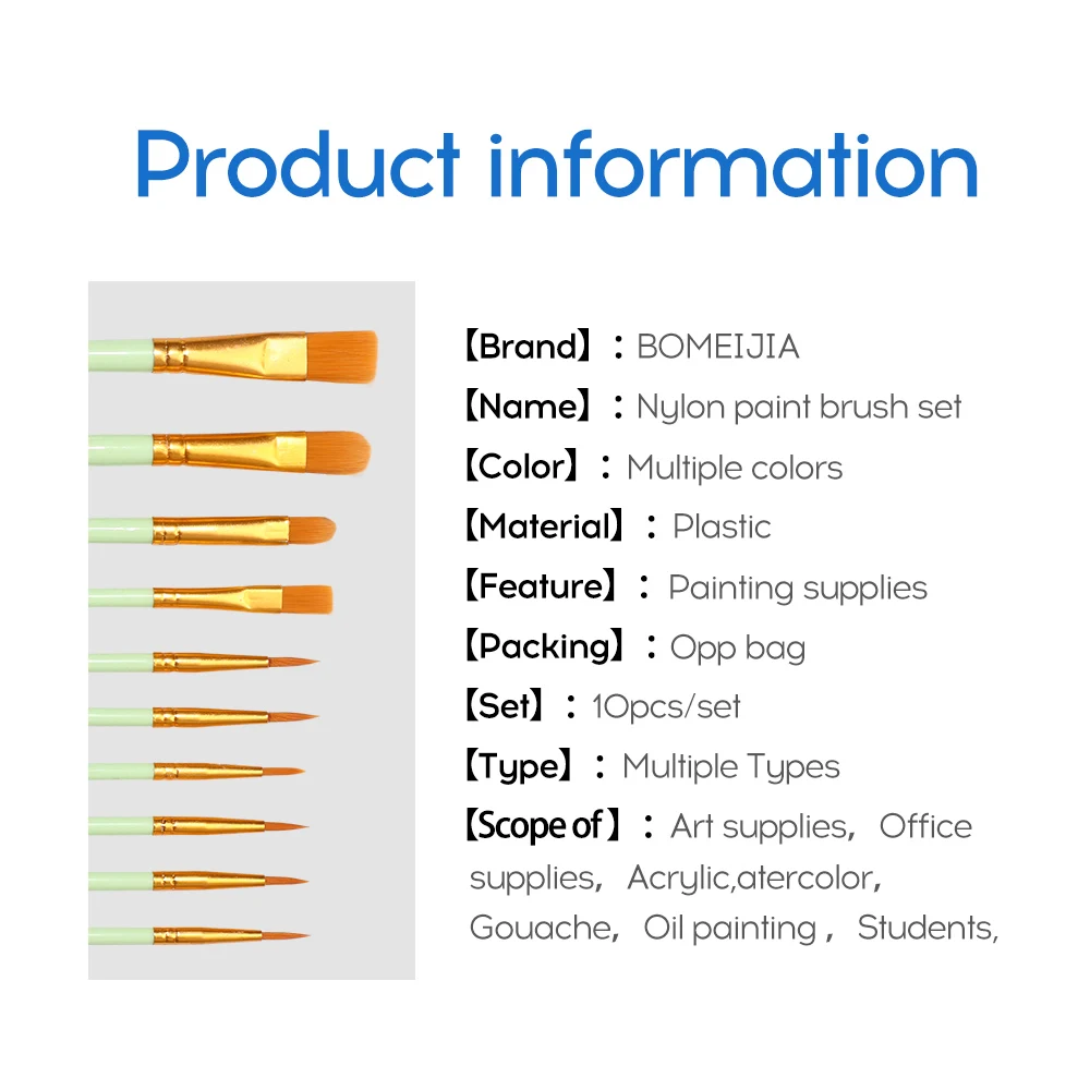 BOMEIJI 10-Piece Paintbrush Set with Plastic Handles Art Brushes for Various Painting Needs