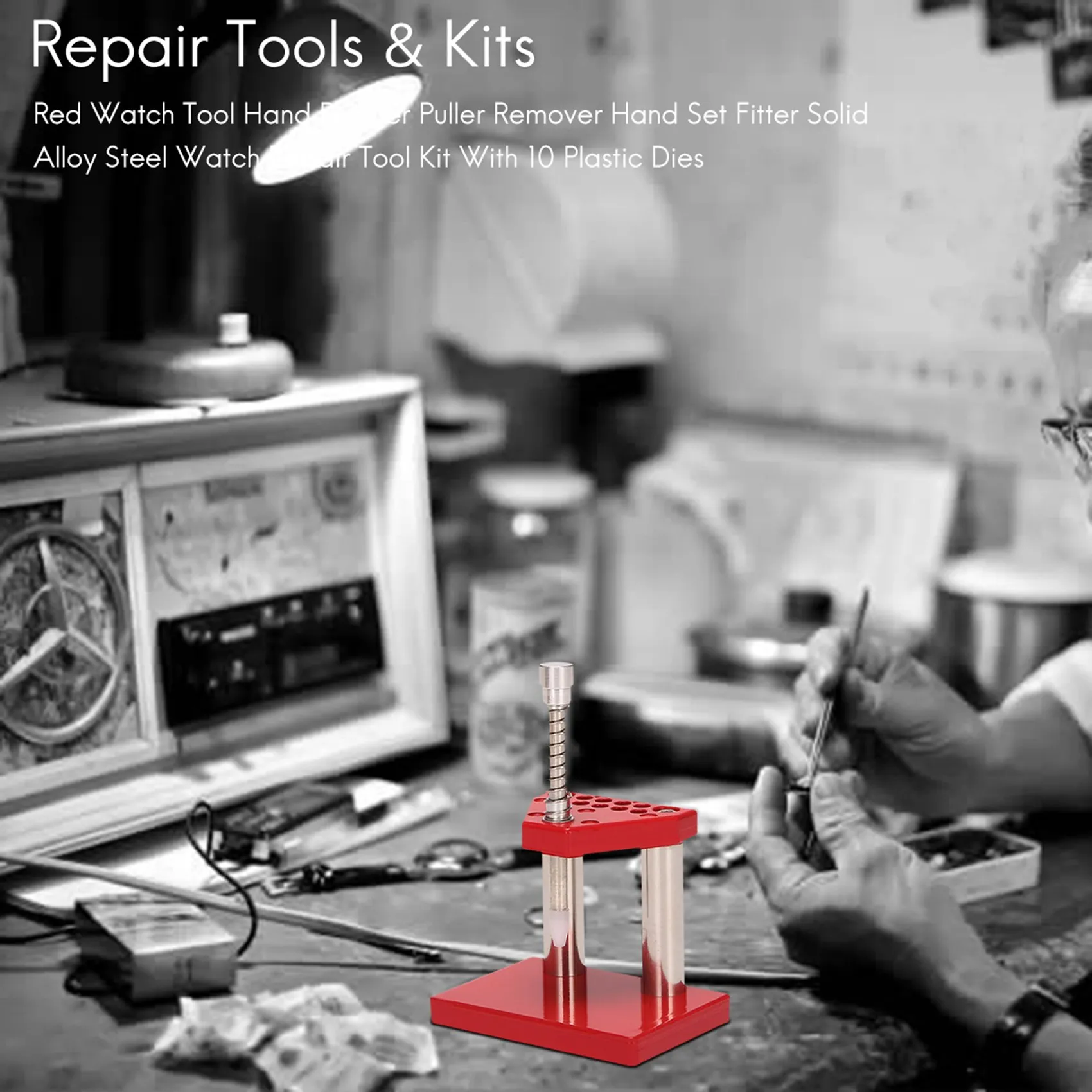 Kit d'outils de réparation de montre avec 10 matrices en plastique, ensemble d'outils à main, extracteur de piston à main, ensemble de mains, installateur, acier allié solide, rouge