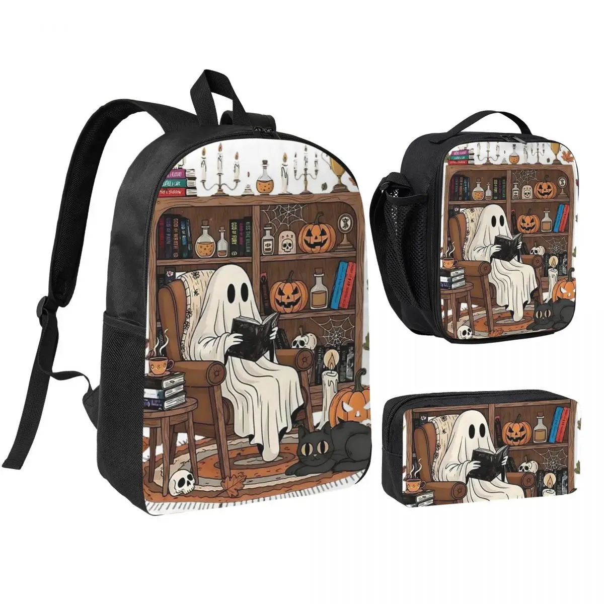 Cute Ghost Reading Books Design Backpack Student BookBag School Bag Shoulder Bags 3ps Insulated Lunch Bag Pencil Case