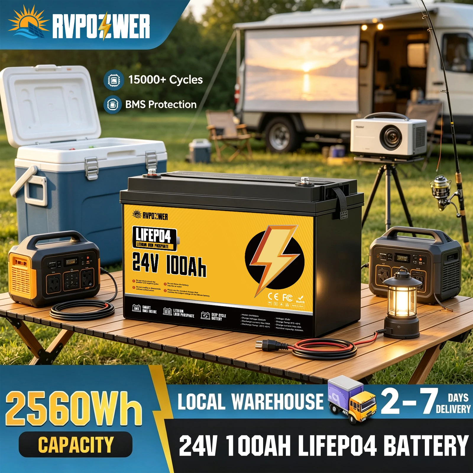 RVPOZWER 24V 100Ah 2560Wh LiFePO4 Lithium Iron Phosphate Rechargeable Battery with Built-in Smart BMS, 15000+ Deep Cycles & Low Self-Discharge LFP Storage Battery for RV, Marine Vessel, Trolling Motor, Off-Grid Solar, Home Energy Storage