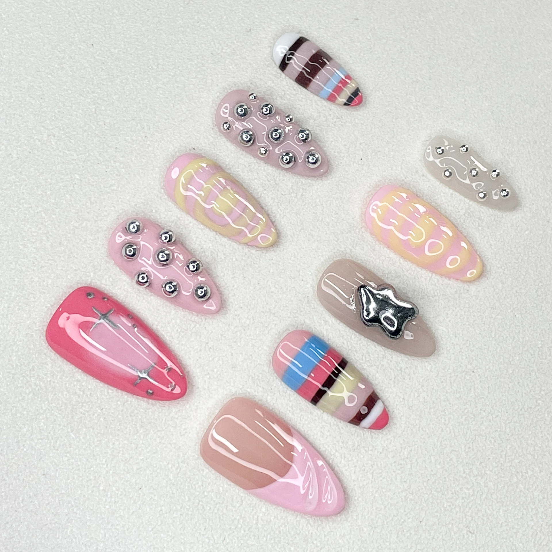 New Handmade Cute Girly Style Nail Art 3D Pink Gloss Almond Length Press on Nails Rainbow Color Mosaic Hand Painted Collection