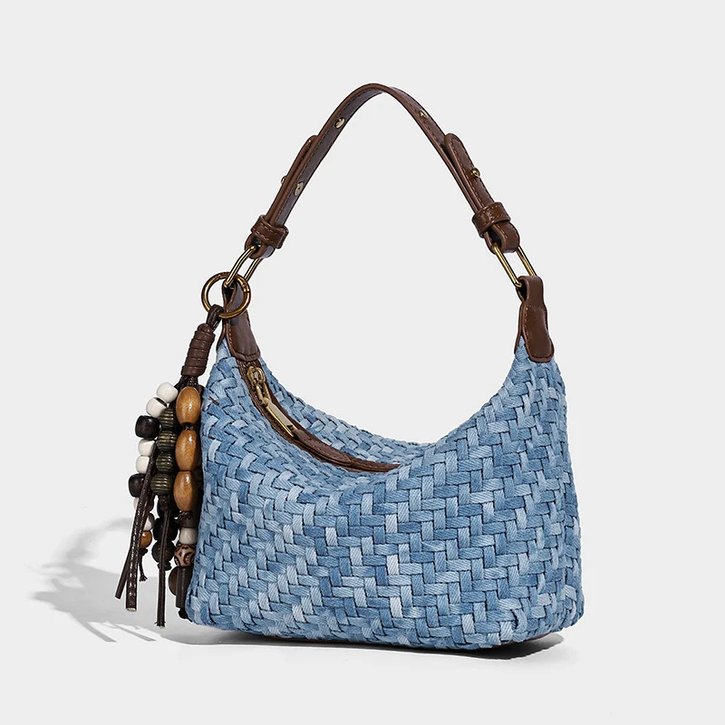 Blue Woven Crescent Bag 2026 New Fashion Trends for Commuting Hobo Versatile Shoulder Bag, Underarm Bag, Baguette Bag Send Penda