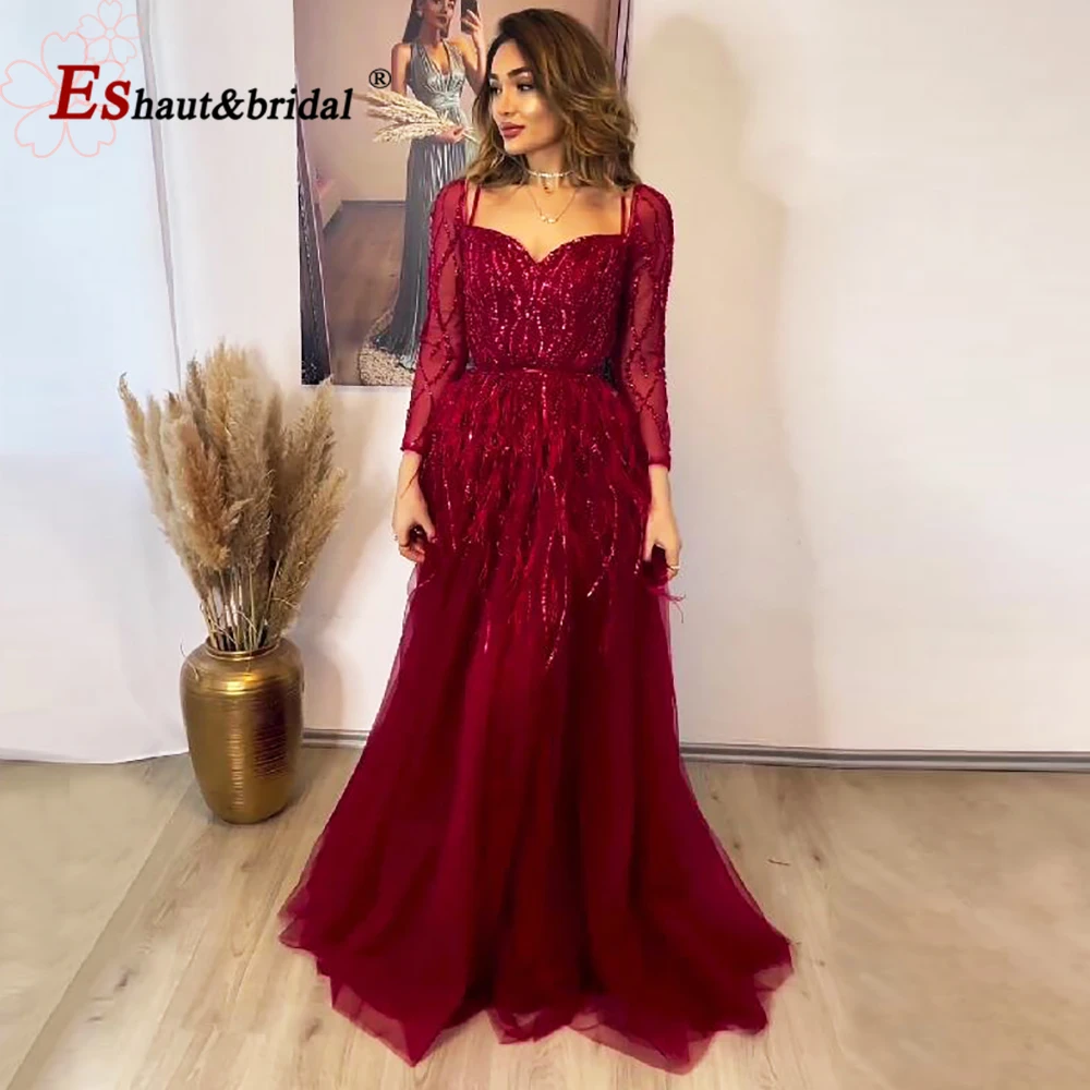 Elegant Burgundy Feather Evening Night Dress for Women 2024 V Neck Beads Handmade Side Slit Aline Formal Wedding Prom Party Gown