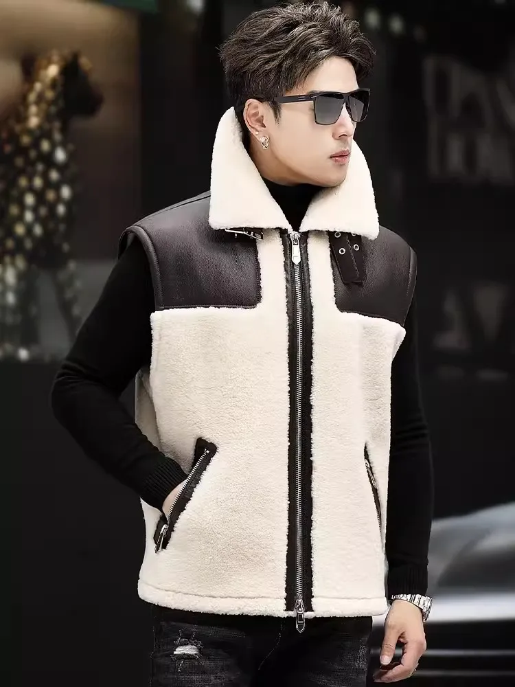 Fashion Mens Genuine Leather Patchwork Real Fur Vest Business Casual Winter Warm Sleeveless Jacket Sheep Fur Shearling Waistcoat