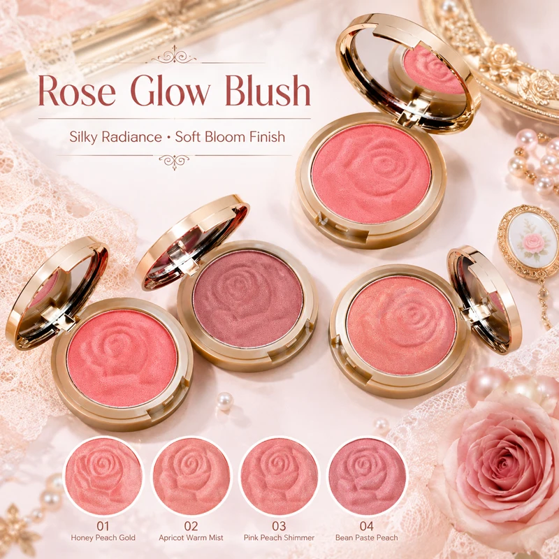 KOBELEEN Rose Embossed Powder Blush, Silky Shimmer Buildable Blendable Long-Lasting Cheek Makeup, Natural Glow, 4 Shades