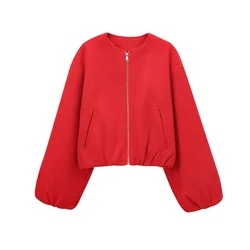 HXAO Red Cropped Bomber Jacket 2024 Women Autumn Winter Short Varsity Jacket Coat Ladies Fashion Casual Beige Grey Outerwears