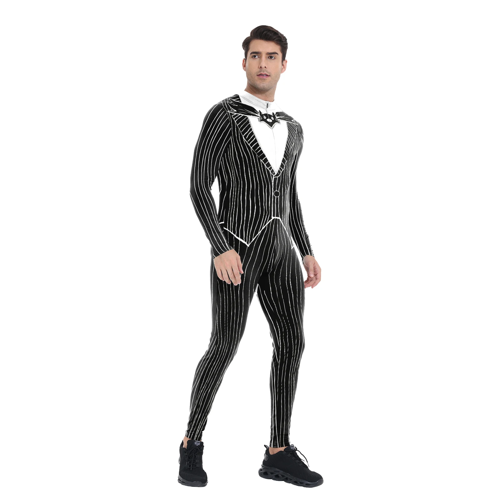 Black White Stripe Cosplay Costume Anime Movie Jack Role Play Jumpsuit Man Halloween Party Performance Bodysuit Carnival Outfits