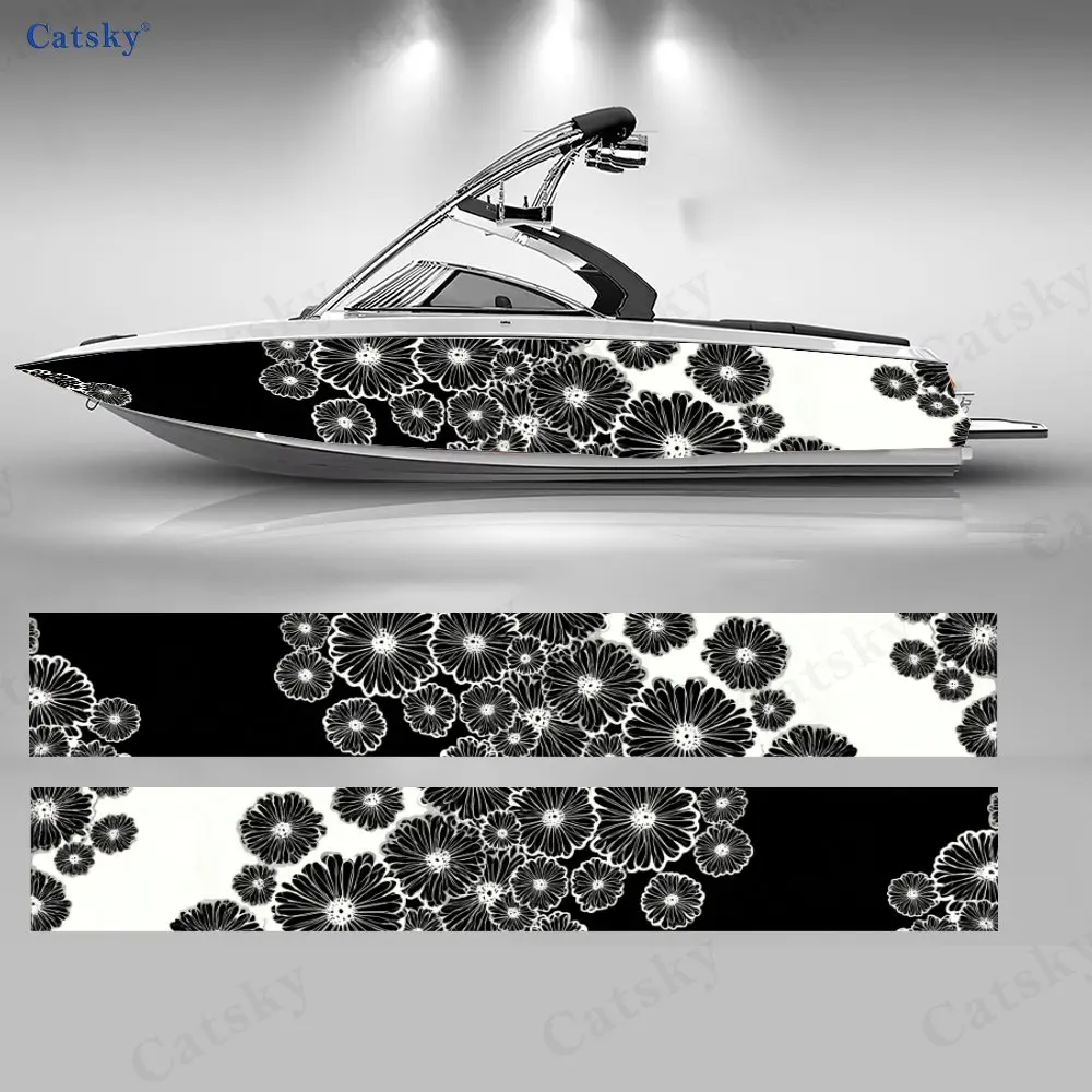 2Pcs Black & White Floral Boat Stickers, PVC Waterproof Durable Vinyl Wrap Decals for Fishing Boats, Durable and Stylish Design