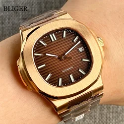 BLIGER-Reloj Automático NH35A PT5000 para hombre, pulsera con esfera marrón, caja cuadrada, vestido de oro rosa, cristal de zafiro MIYOTA 8215, índice luminoso