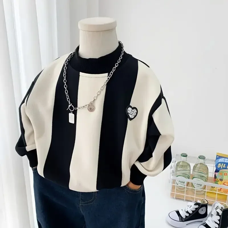 

Spring Kids Boy Sweatshirts Hoodies Fashion Boys Black White Striped Shirt Kids O-neck Casual Sport Shirts Tee Children Clothes