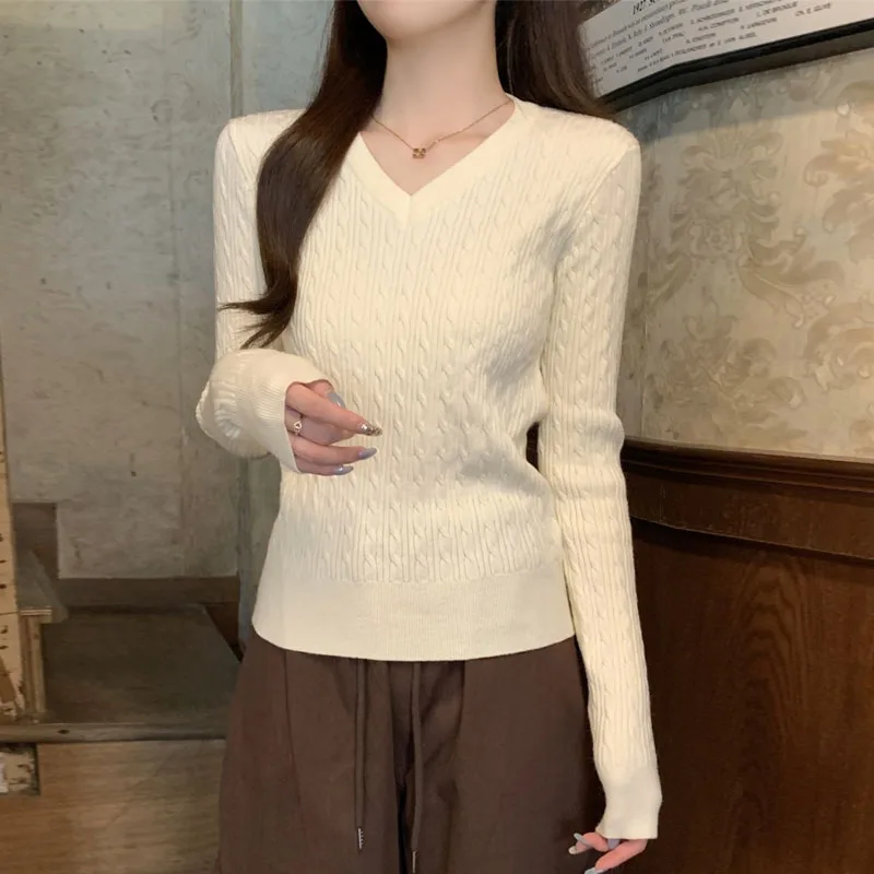 

Sueters De Mujer Slim V-Neck Knitted Sweater Women Pullovers Fashion Long Sleeve Knit Sweater Pullover Women Tops Sweaters Q2183