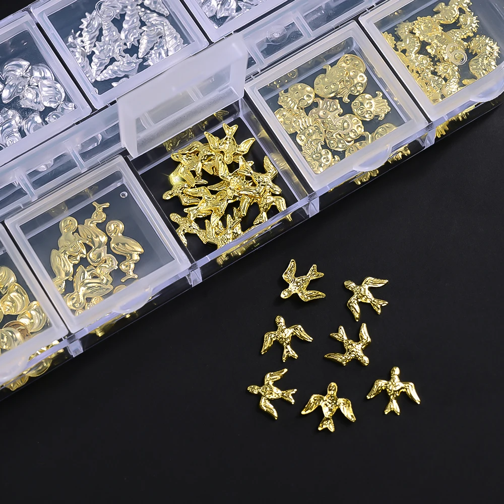 12Grid 3D Starfish Shell Metal Rivet Nail Charm Gold/Silver Ocean Jellyfish Conch Seahorse Alloy Slice DIY Nail Art Decoration