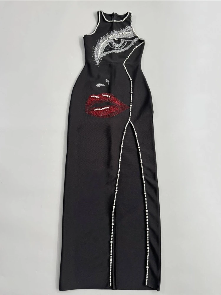مثير س الرقبة اللؤلؤ الماس مطرز طويل ضمادة فستان المرأة بلا أكمام كريستال سبليت Bodycon فساتين السهرة حفلة المشاهير ثوب