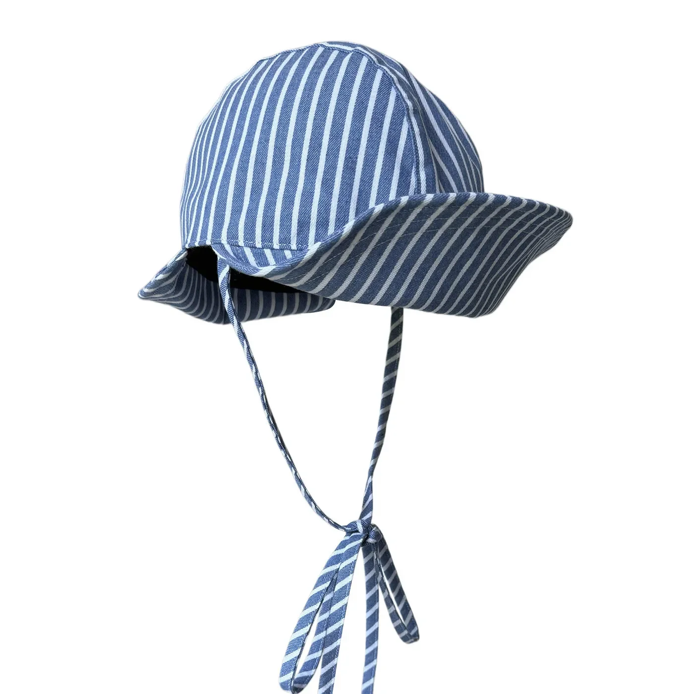 Women Summer Blue White Striped Strap Bucket Hat Fold Brim Wide Brim Sun Hat Face Friendly Travel Cap
