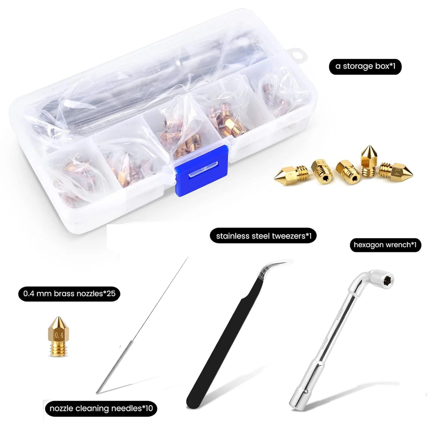 25Pcs 0.4MM Creality MK8 Ender 3 Brass Hotend Nozzles with Common Tools and Storage Box,for Ender 3 /CR 10 Series Printer Nozzle