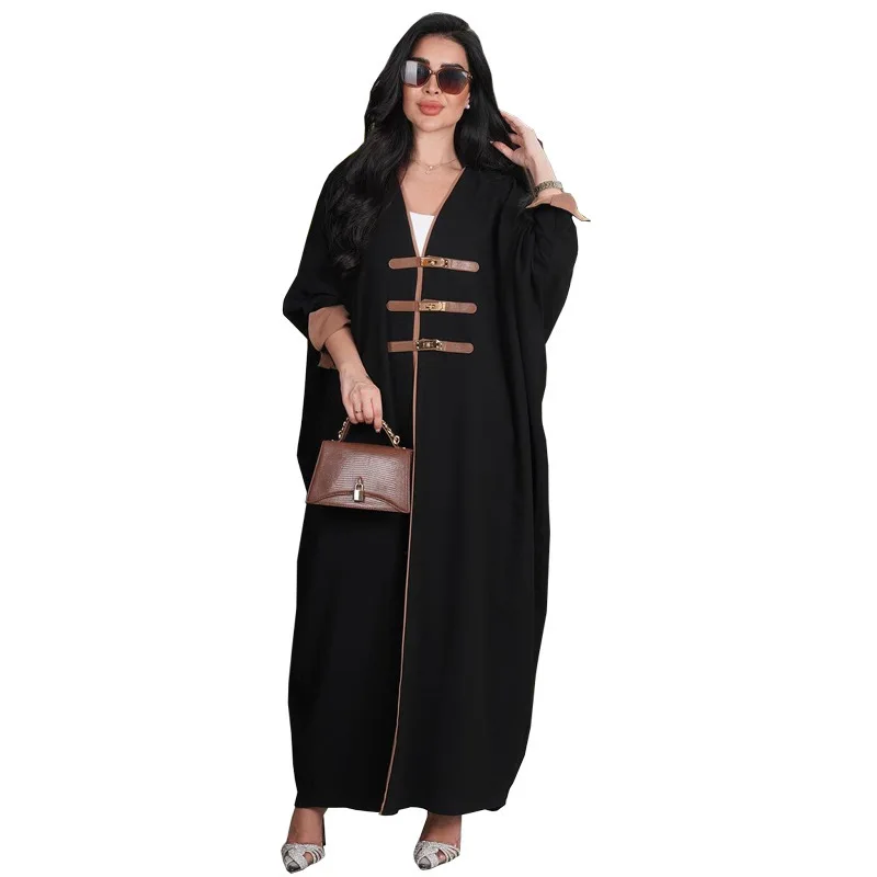 

Modest Abaya Turkish Colorblock Cardigan Abaya Leather Button Open Front Abaya Casual Muslim Long Sleeve Abaya Outerwear