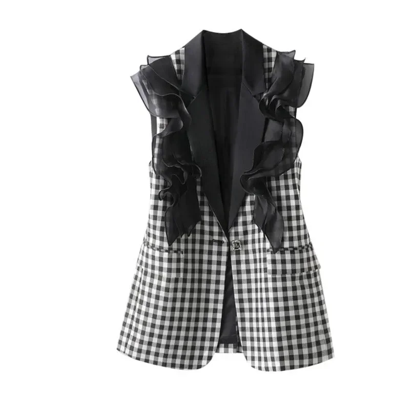 

Chequer Suit Vest Coat Women 2024 Spring Autumn New Fashion Loose Leisure Temperament Falbala Sleeveless 2XL Waistcoat Female