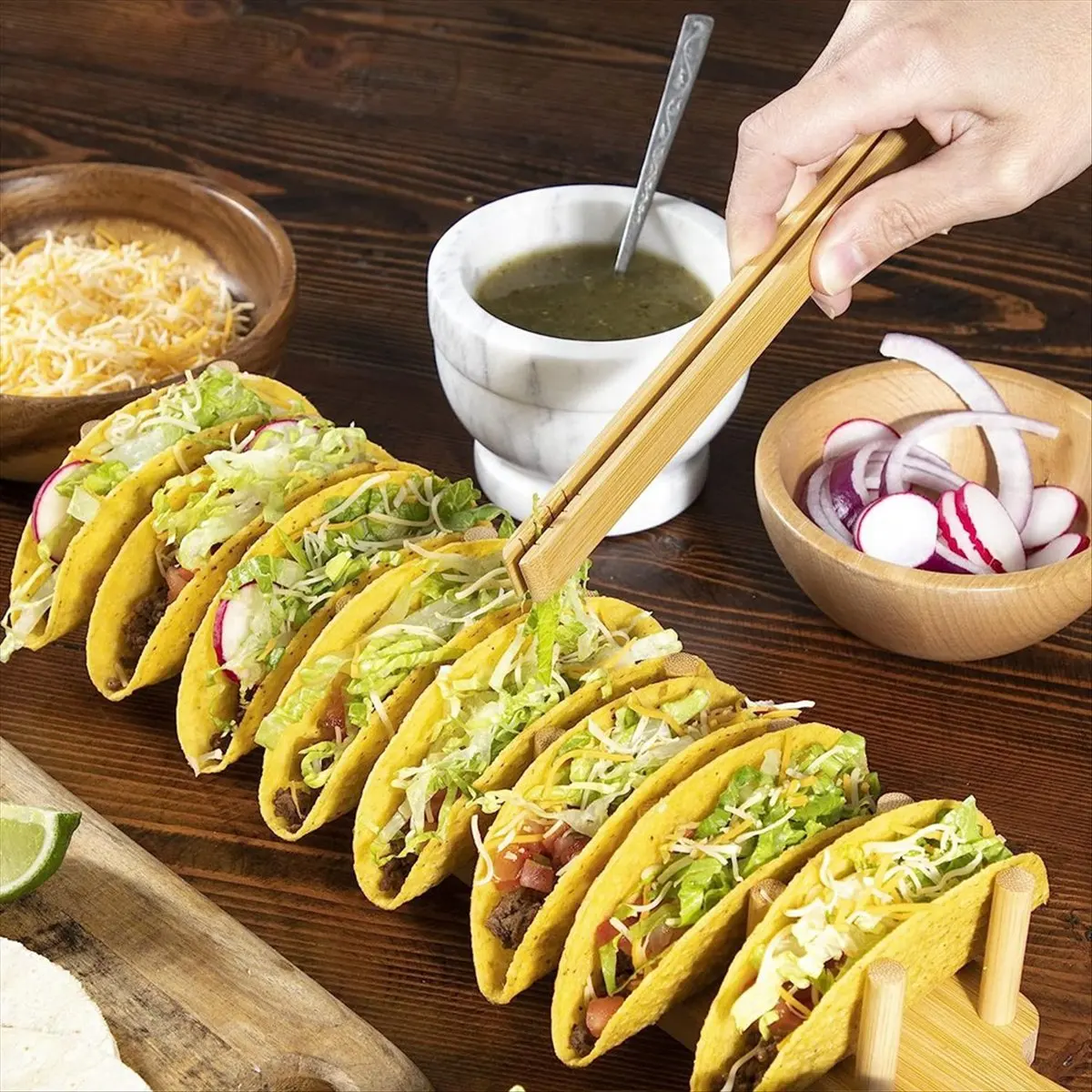 【Clearance Sale】Bamboo Taco Tray with Holds 8, Taco Shell Holder Allows for Multi-Use Food Tray Charcuterie Tray