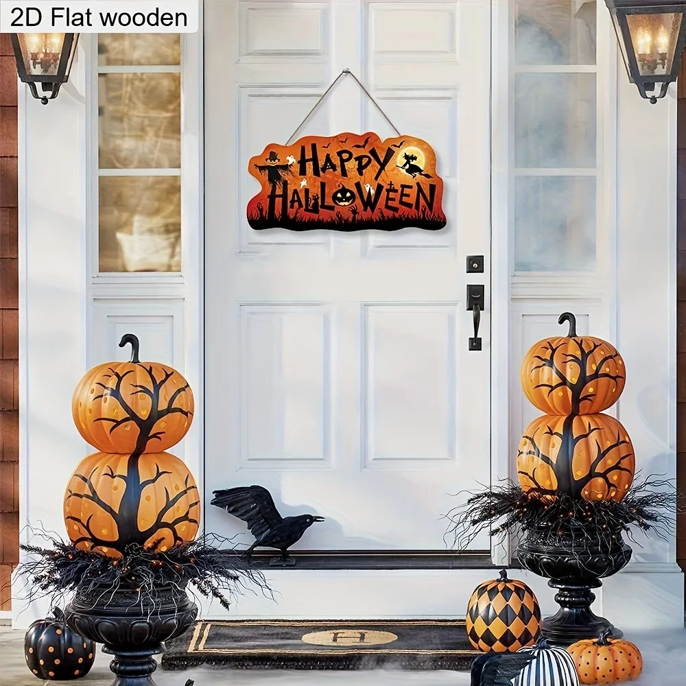Halloween Themed Wooden Hanging Plaque, 2D Flat Print Happy Halloween Sign, Ghost Bat Witch Design, Farmhouse Home Door Wall