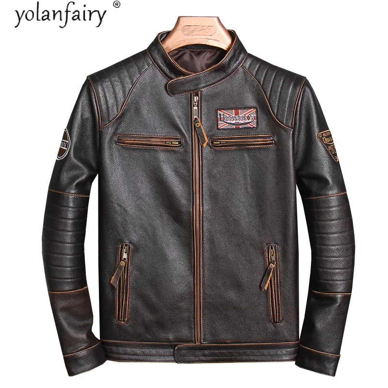 Genuine Cow Leather Jacket Men Vintage 100% Cow Leather Coat Short Biker Motorcycle Jacket Embroidered Men\'s Jackets XP680NP KJ