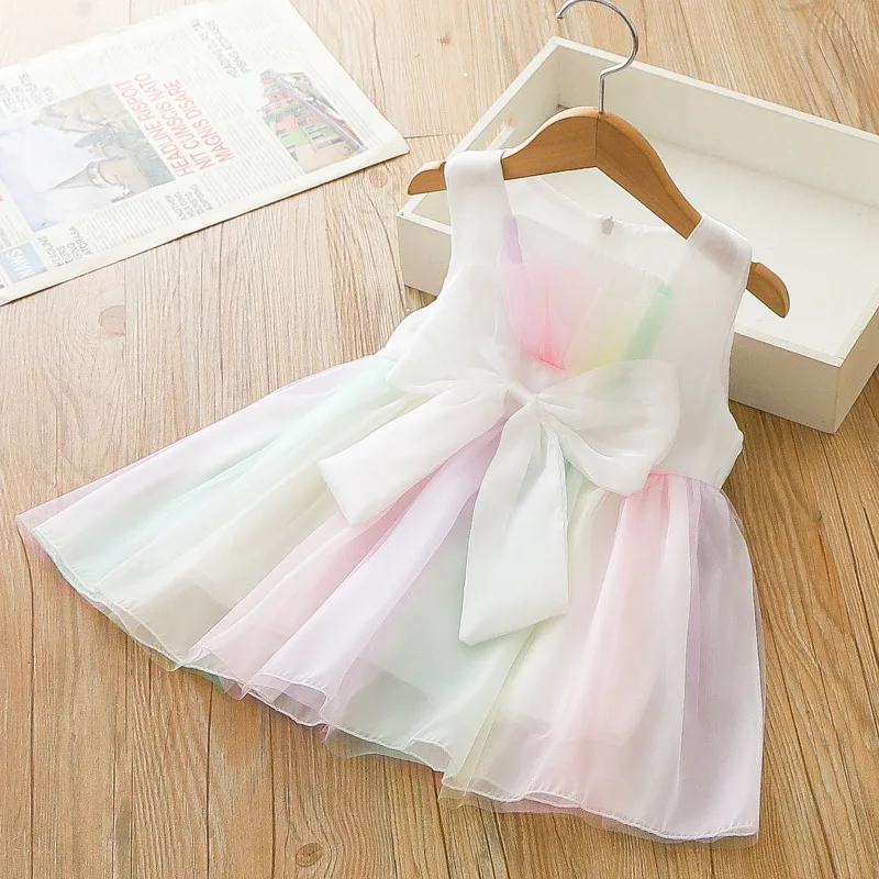 Summer beach baby girl dress with big bow colorful mesh back zipper sweet sleeveless princess dress