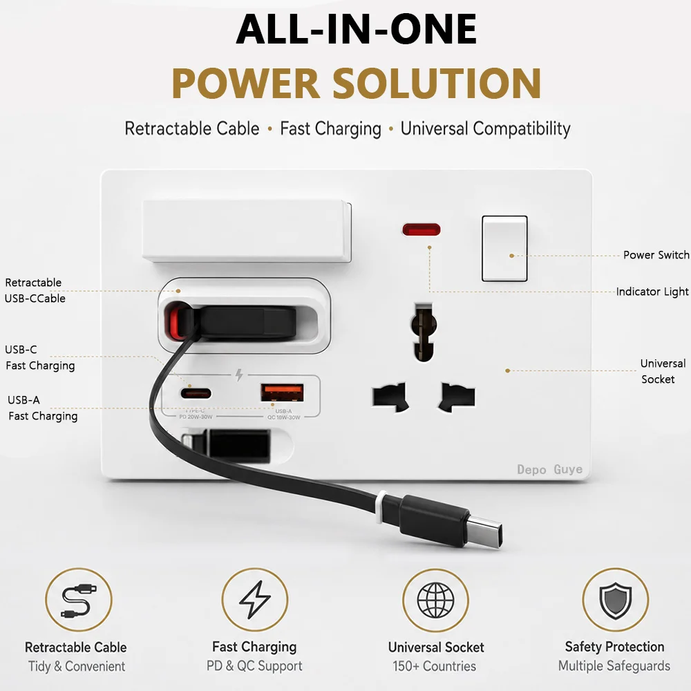 Universal Smart Wall Socket With 20W USB Type-C Fast Charging Plug Outlet,Wall Adapter With Expandable Charging Cable